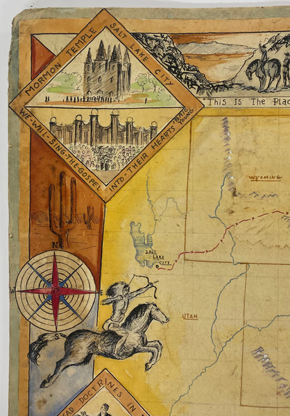 c.1930s Mormon Trail Exodus Folk Art Style Pictorial Map Original Artwork