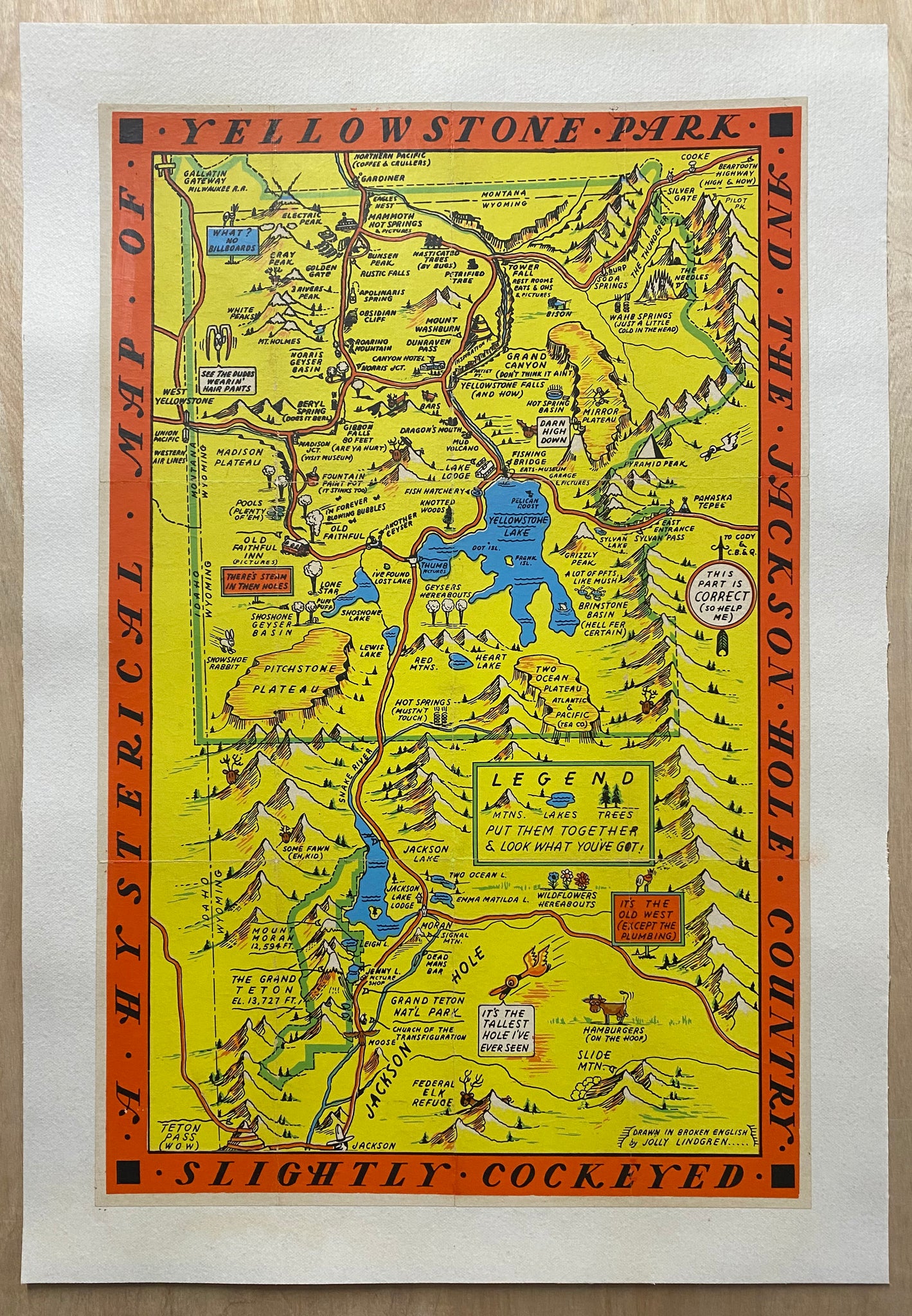 c.1950 Hysterical Map of Yellowstone National Park Jackson Hole Jolly Lindgren