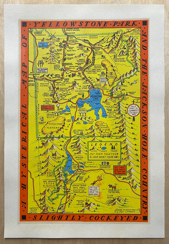 c.1950 Hysterical Map of Yellowstone National Park Jackson Hole Jolly Lindgren