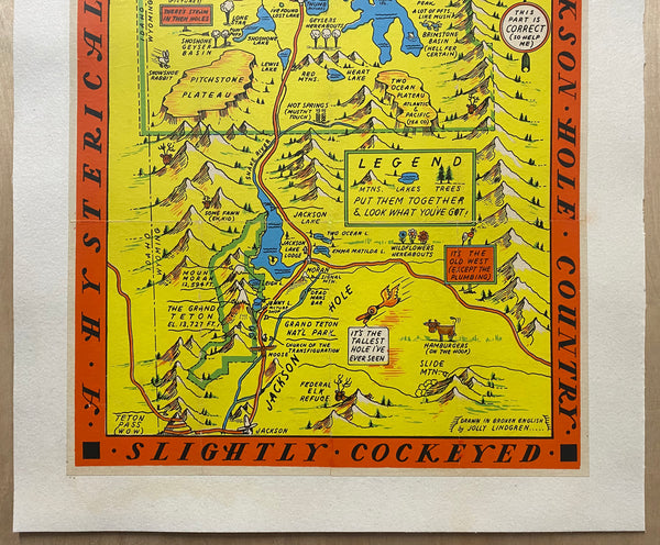 c.1950 Hysterical Map of Yellowstone National Park Jackson Hole Jolly Lindgren
