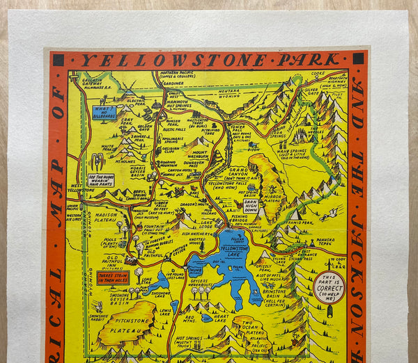c.1950 Hysterical Map of Yellowstone National Park Jackson Hole Jolly Lindgren