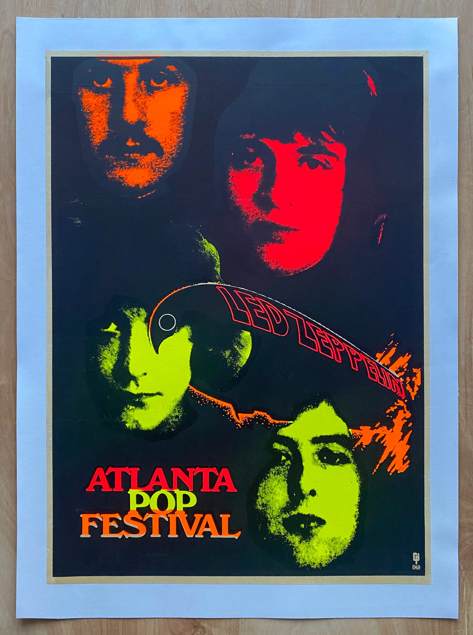 1969 Led Zeppelin Atlanta Pop Festival Silkscreen Blacklight Original Rare