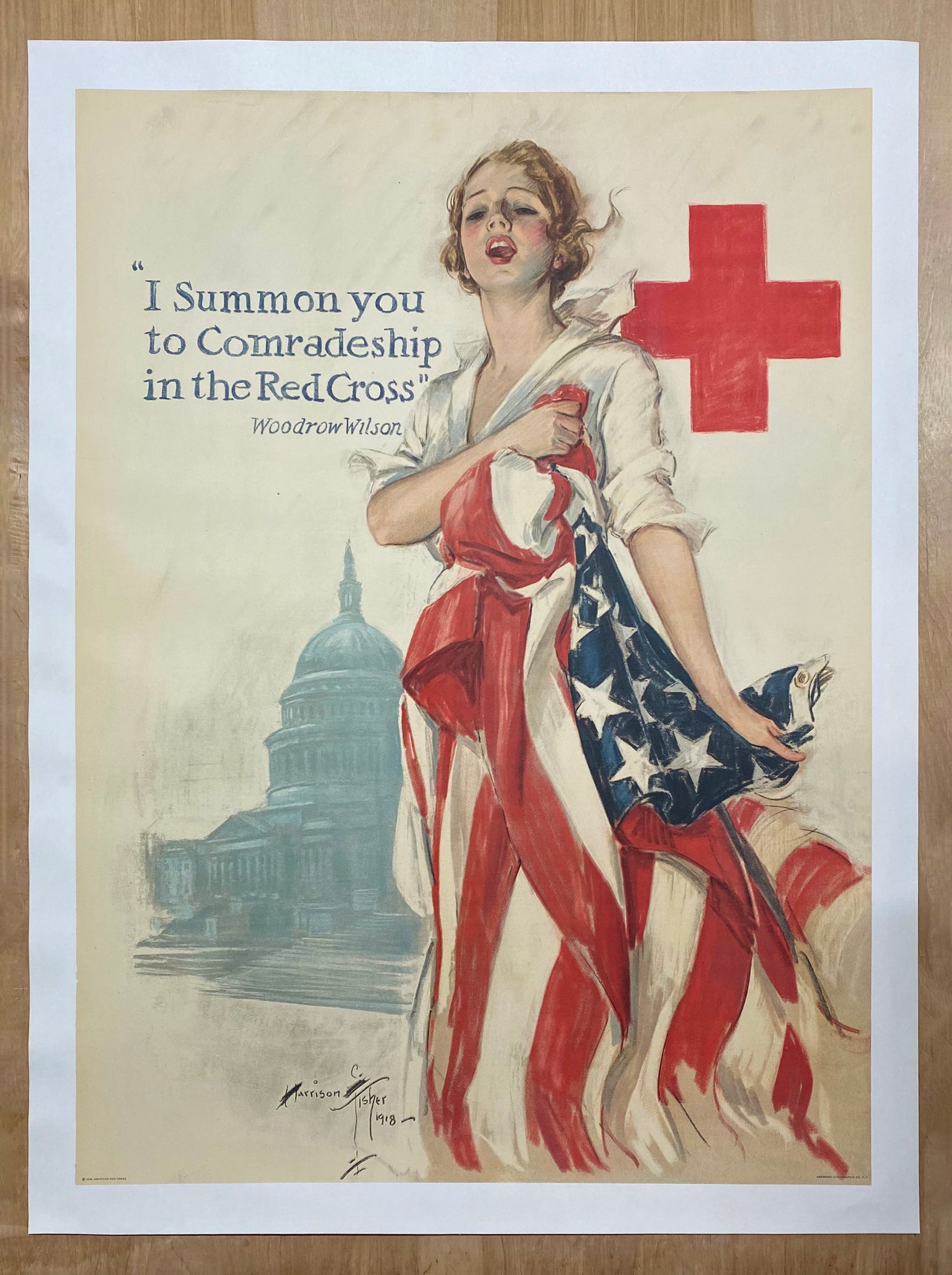 1918 I Summon You To Comradeship In The Red Cross Harrison Fisher WWI Linen