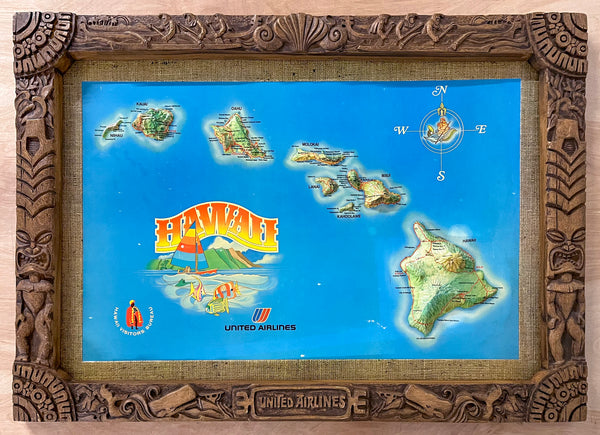 c.1972 United Airlines Hawaii Raised Relief 3D Map Sign Hawiian Tiki Motif
