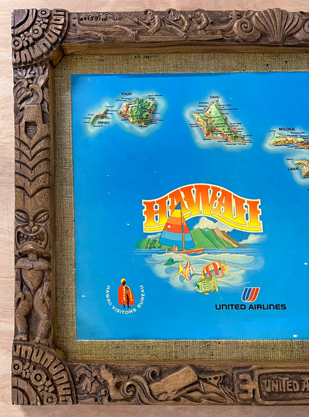 c.1972 United Airlines Hawaii Raised Relief 3D Map Sign Hawiian Tiki Motif
