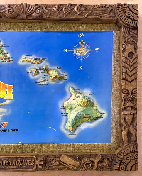 c.1972 United Airlines Hawaii Raised Relief 3D Map Sign Hawiian Tiki Motif