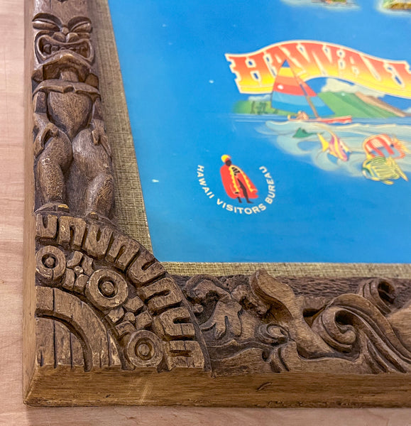 c.1972 United Airlines Hawaii Raised Relief 3D Map Sign Hawiian Tiki Motif