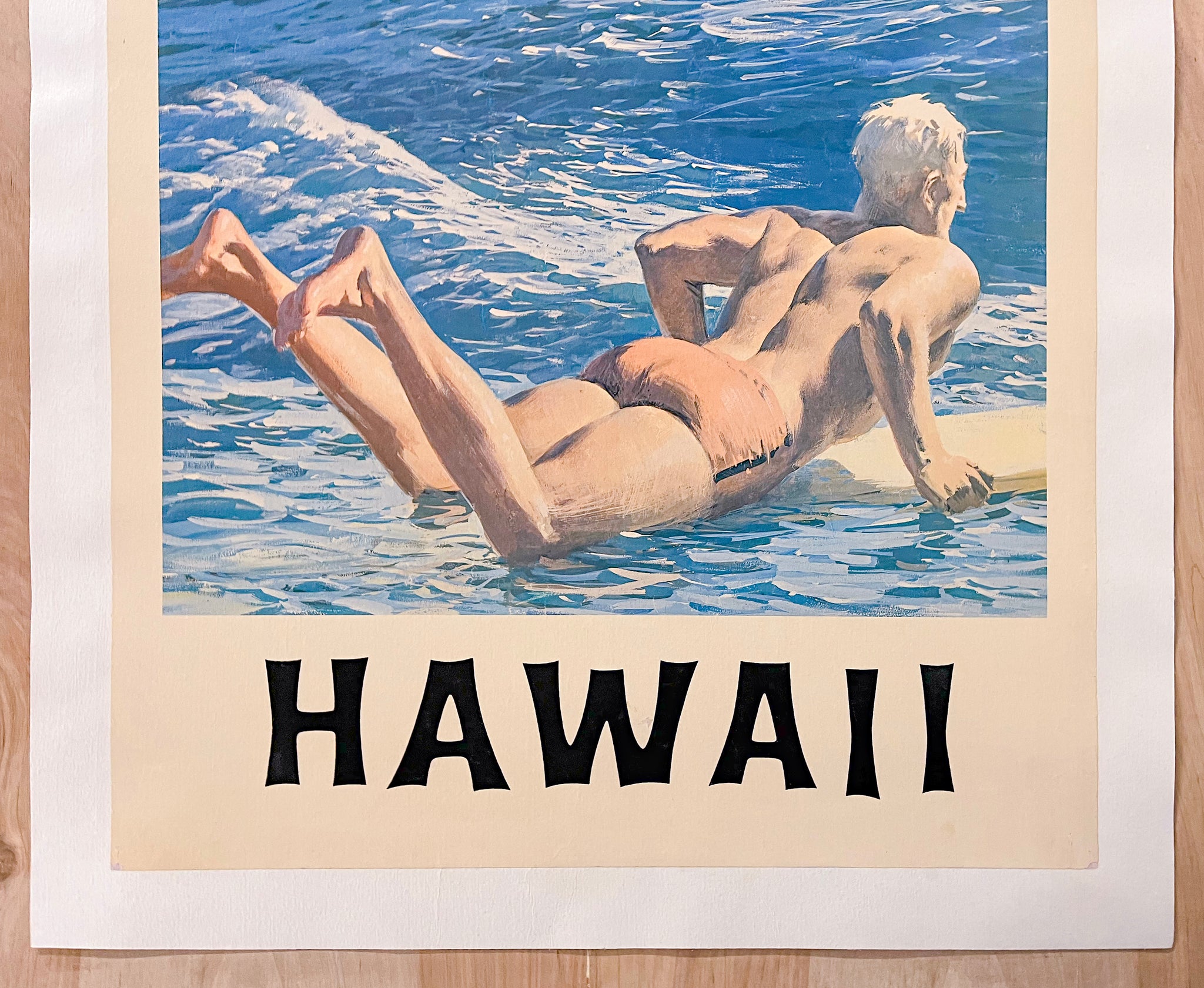 c.1960s Hawaii Hawaiian Travel Poster Surfing Surfers Vintage