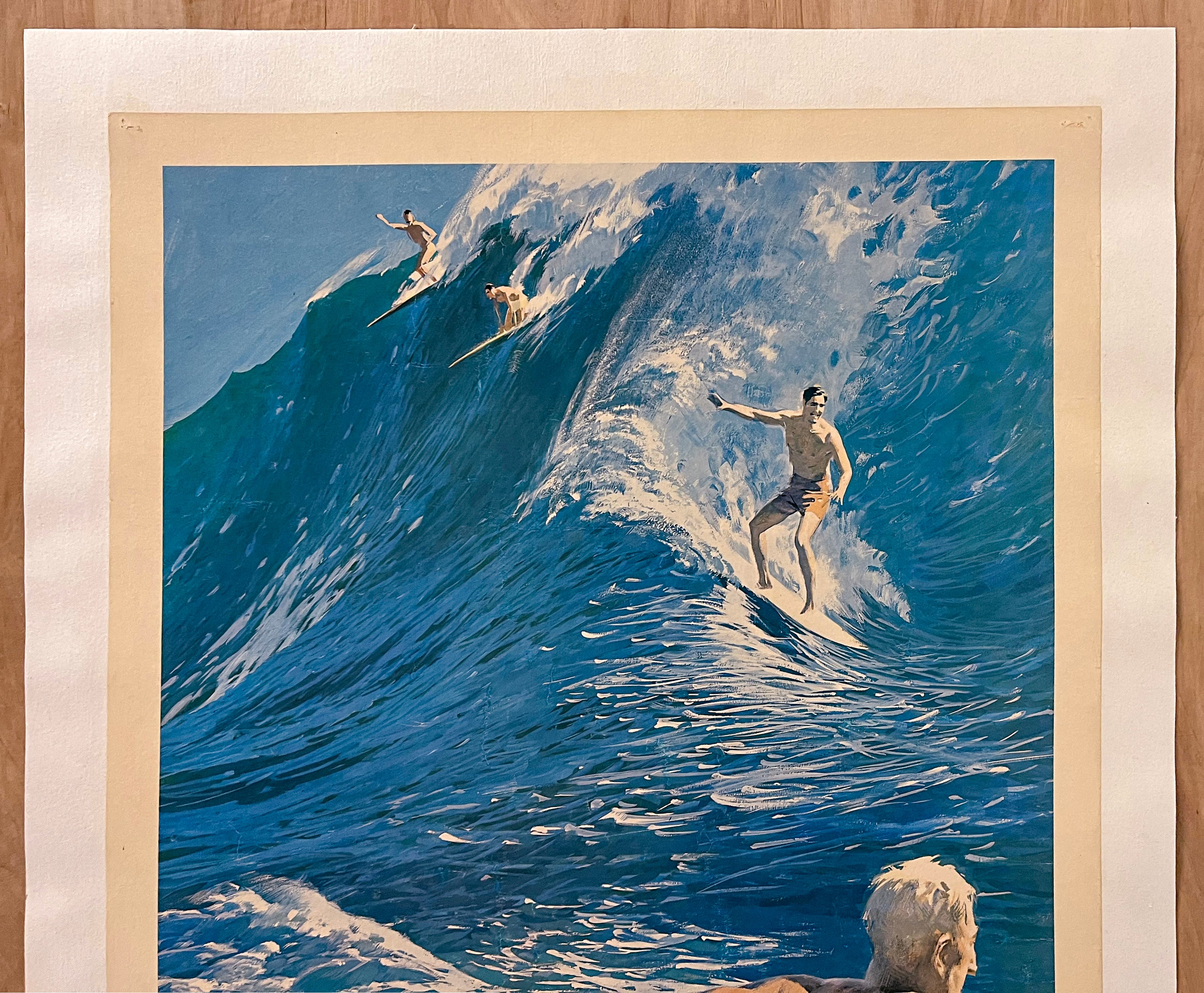 c.1960s Hawaii Hawaiian Travel Poster Surfing Surfers Vintage