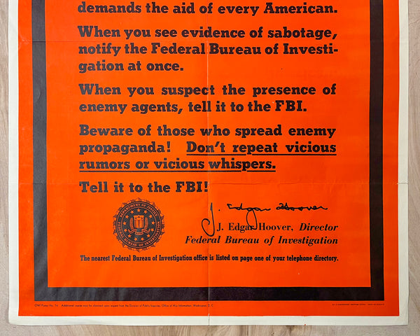 1943 Warning From The FBI Spies Saboteurs Enemy Agents J Edgar Hoover WWII