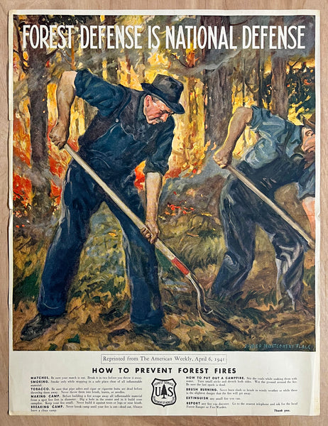 1941 Forest Defense Is National Defense Prevent Forest Fires Flagg WWII