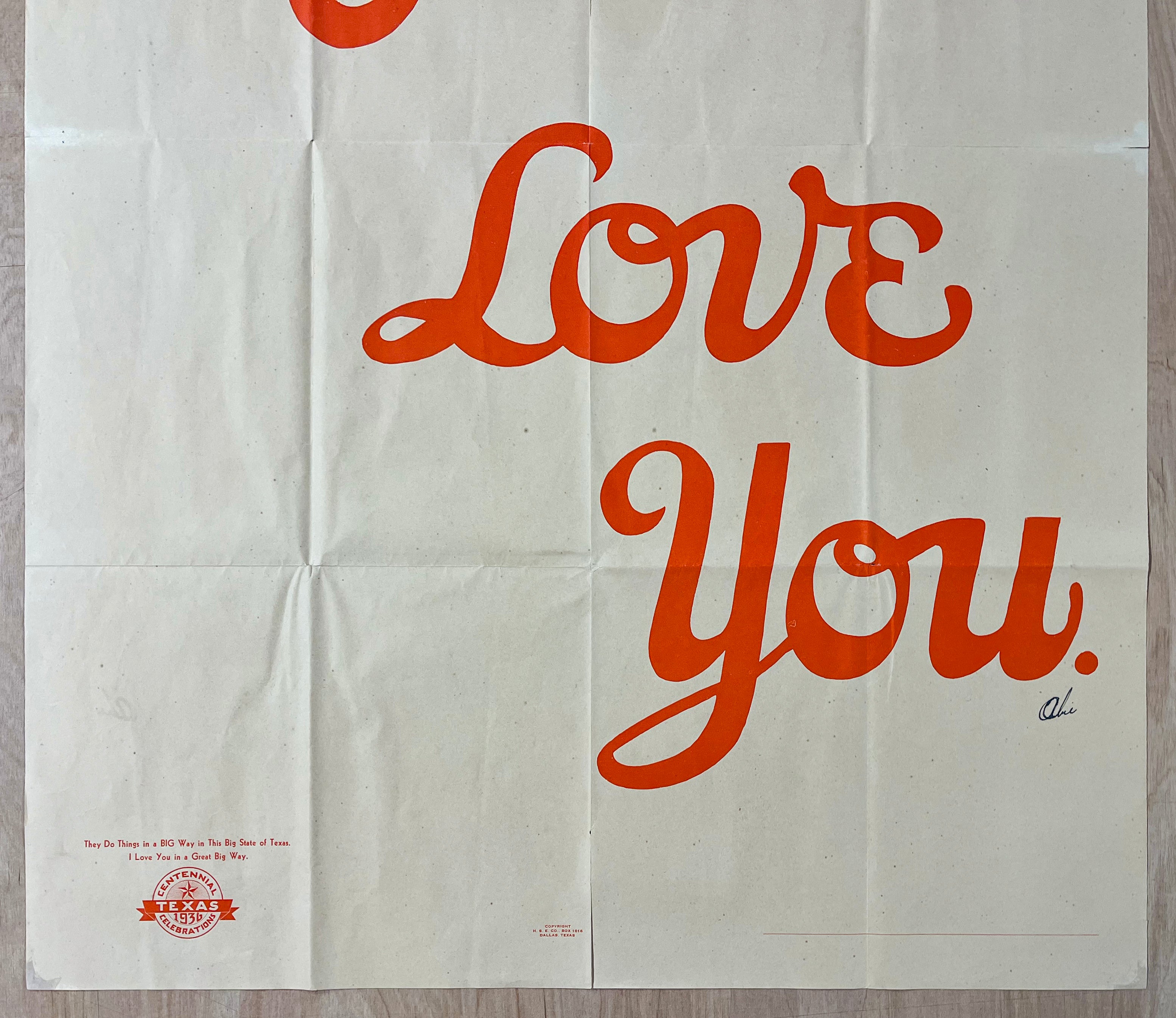 1936 Darling I Love You Texas Centennial Valentine Souvenir Poster