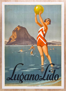 c.1930 Lugano Lido Switzerland Travel Poster Vintage Original on