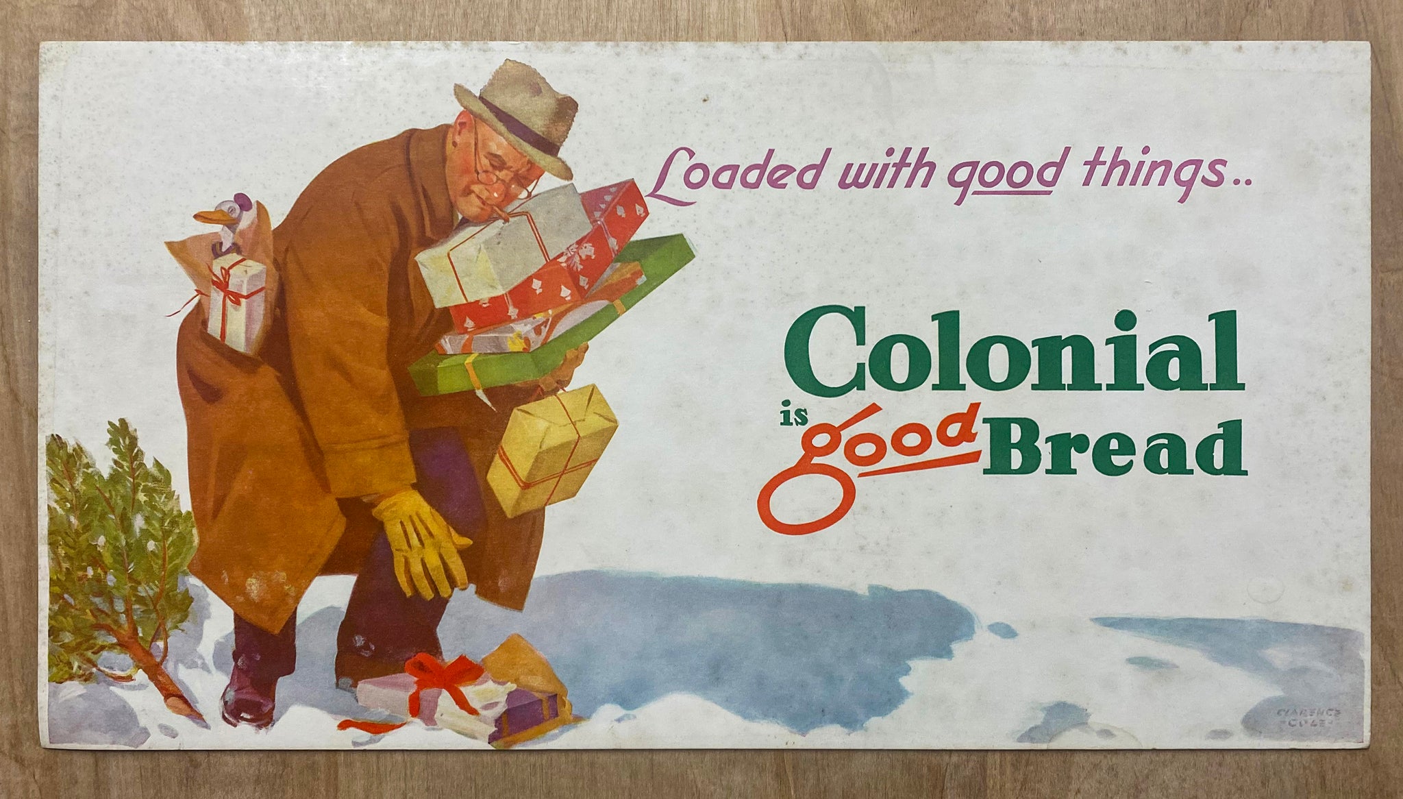 c.1936 Loaded with good things - Colonial is Good Bread Sign Clarence Cole Christmas