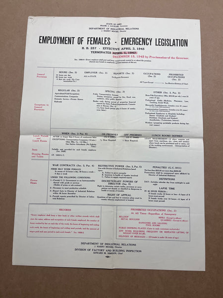1945 Employment of Women Ohio Emergency Regulations Poster Ohio WWII Original 