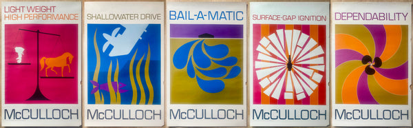c.1964 McCulloch Outboard Boat Motor Dealer Poster Set of 5 Bail-A-Matic