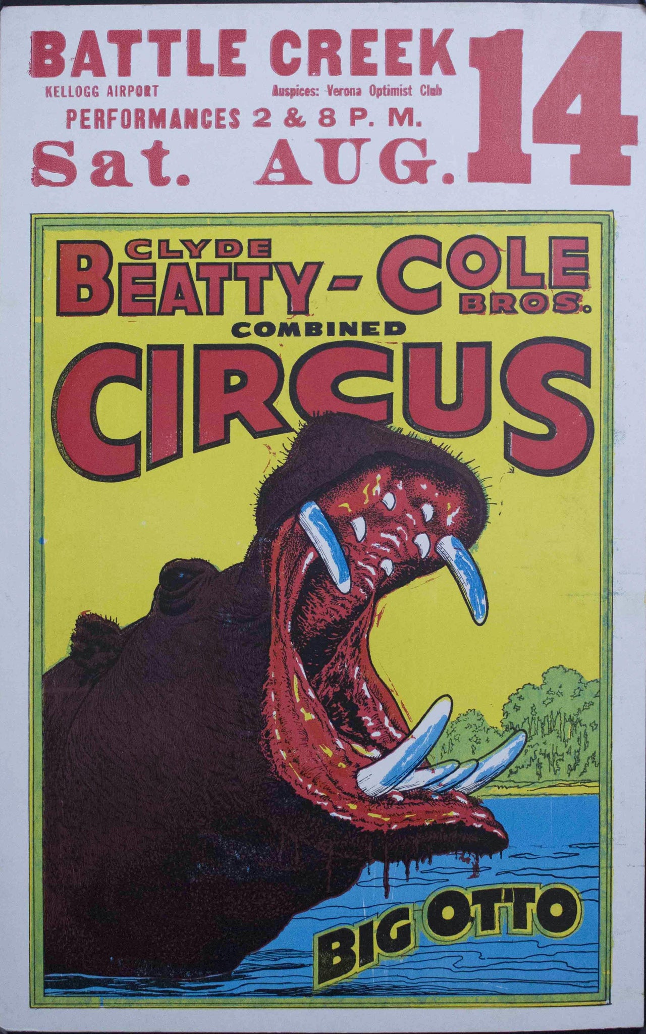 c. 1950 Clyde Beatty - Cole Bros Combined Circus | Big Otto | Battle Creek Kellogg Airport - Golden Age Posters