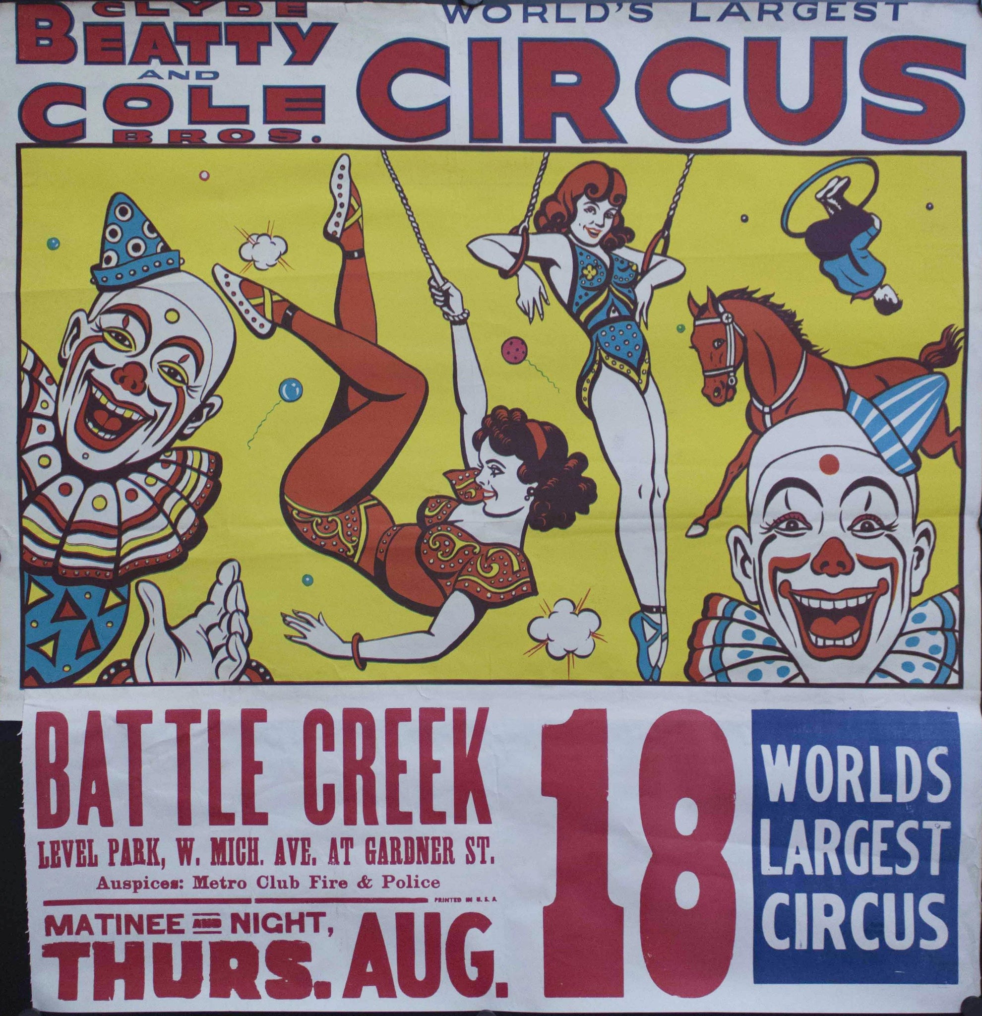 c. 1940 Clyde Beatty and Cole Bros Circus | World's Largest Circus | Battle Creek Level Park | Matinee Night - Golden Age Posters