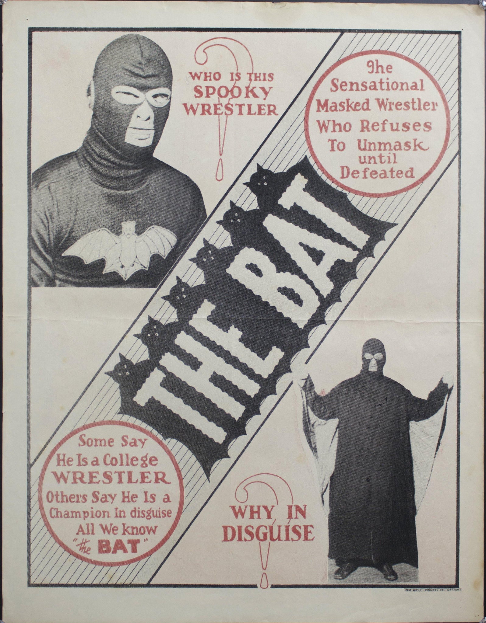 c. 1930 Who is this spooky wrestler? Why in disguise? The Bat - Golden Age Posters