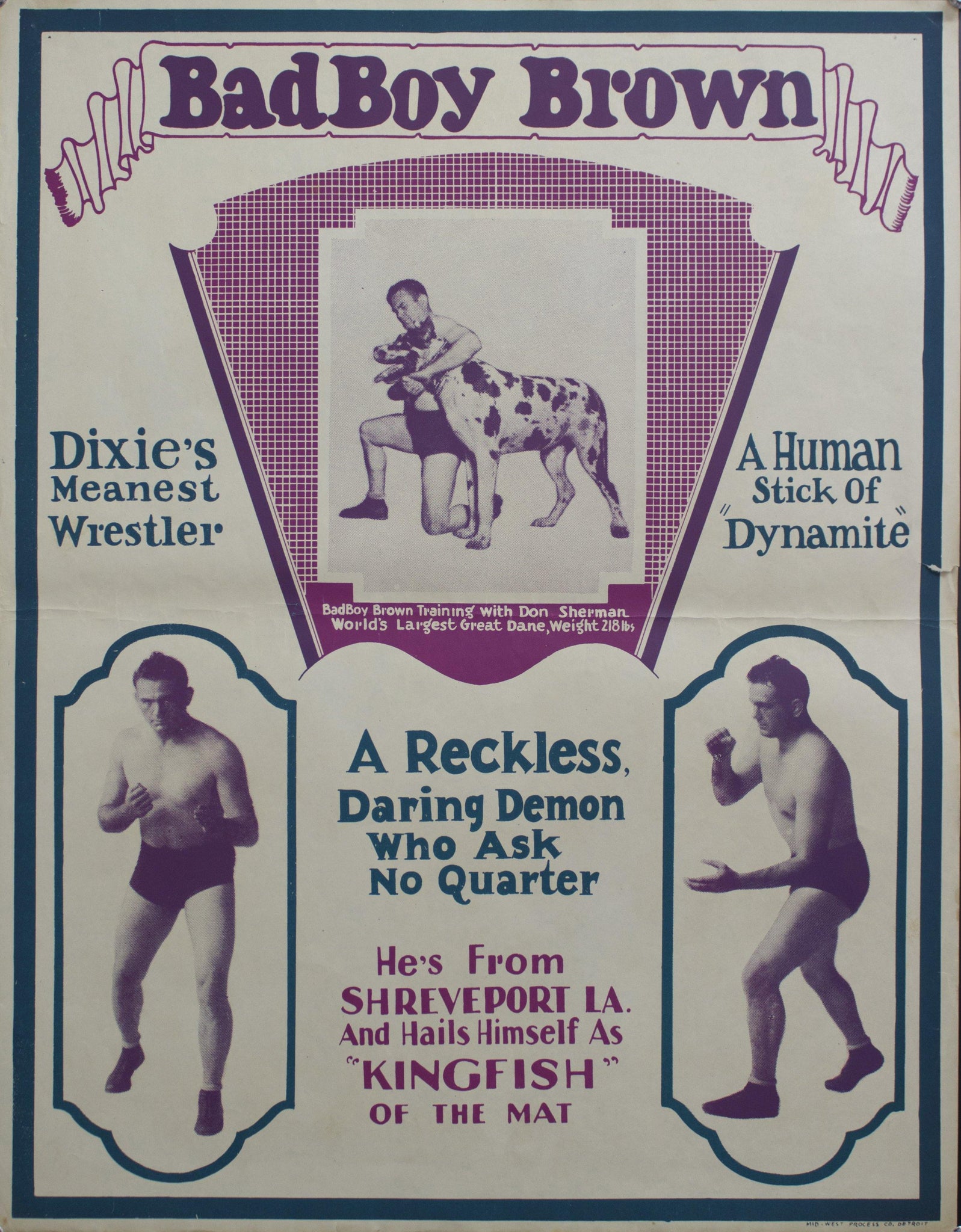 c. 1930 Bad Boy Brown | Dixie's Meanest Wrestler | A Human Stick of Dynamite | A Wreckless, Daring Demon Who Asks No Quarter - Golden Age Posters