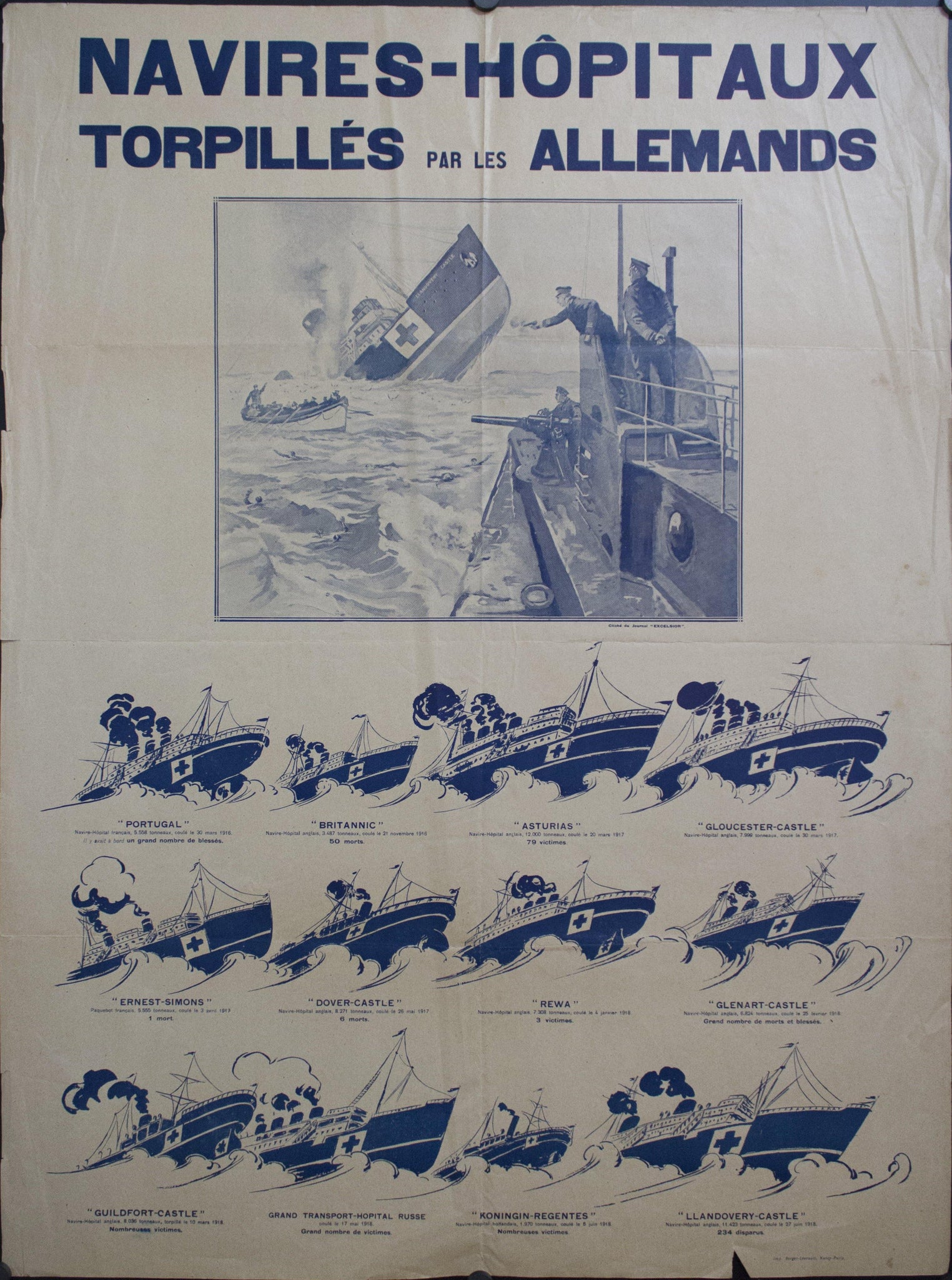 c. 1918 Navires-Hopitaux | Torpilles par les Allemands - Golden Age Posters