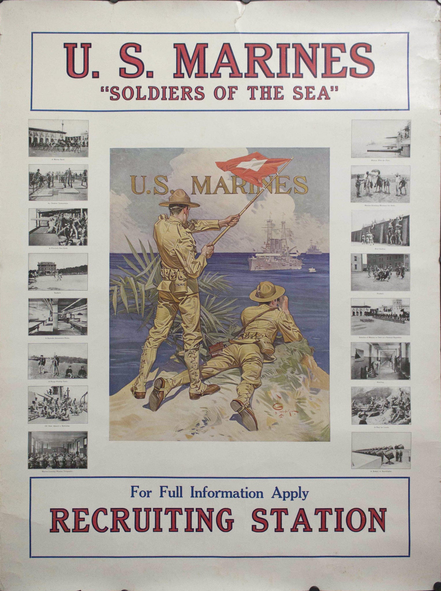 1917 U.S. Marines "Soldiers of the Sea" | For Full Information Apply Recruiting Station - Golden Age Posters