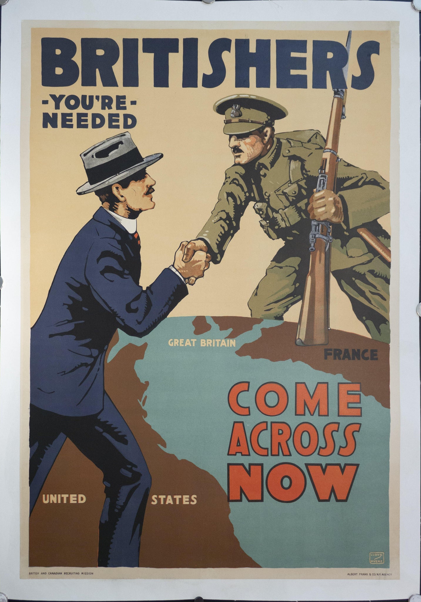 1916 Britisher's You're Needed Come Across Now by Lloyd Myers - Golden Age Posters