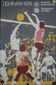 1974 Seventh Asian Games Poster Volleyball Tehran Iran - Golden Age Posters