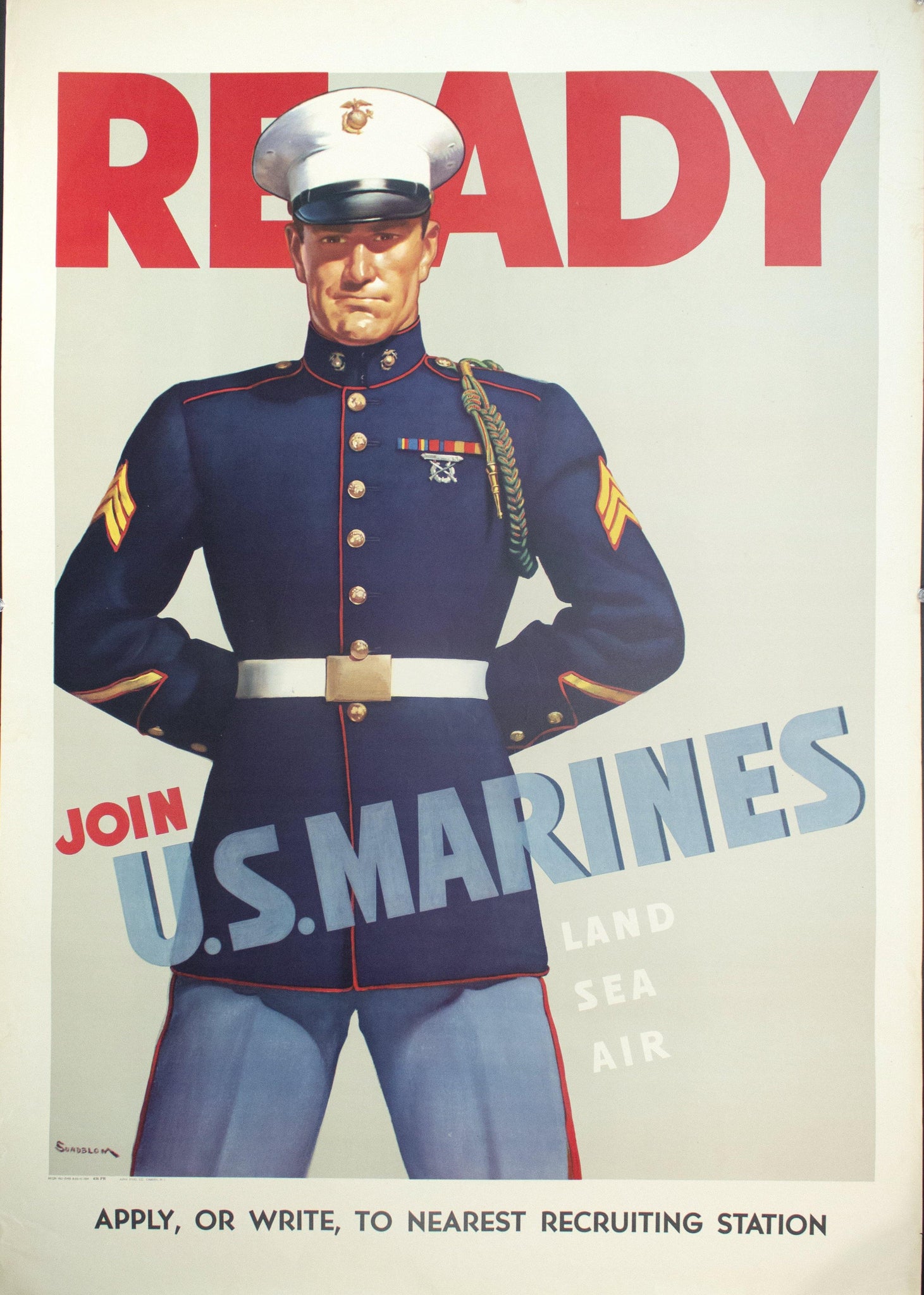 1942 Ready Join US Marines Recruitment by Sundblom - Golden Age Posters