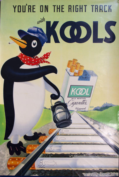 c. 1940s You're On The Right Track With Kools Cigarettes Penguin Railroad Engineer - Golden Age Posters
