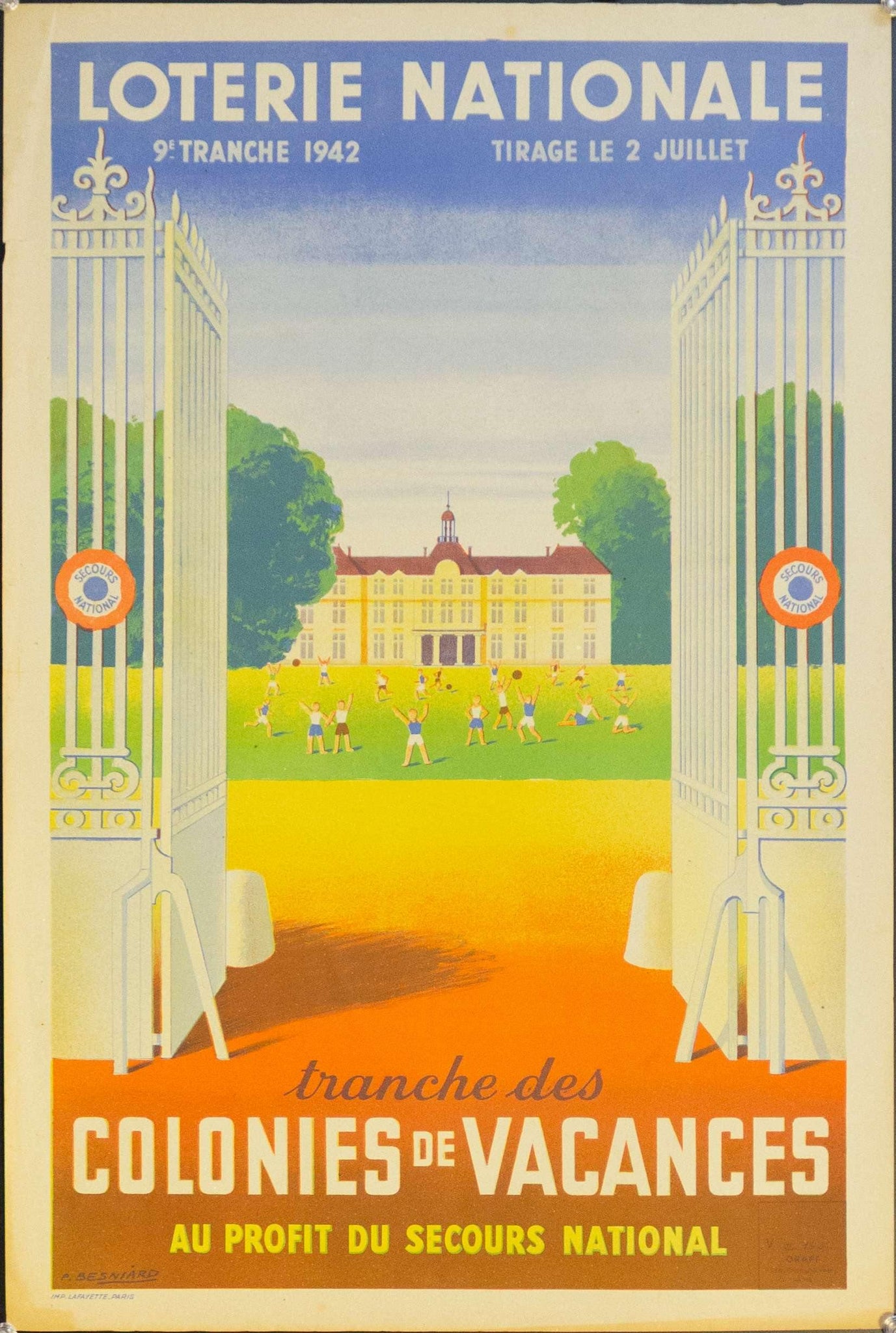 1942 Tranche Des Colonies de Vacances Au Profit Du Secours National | Loterie Nationale - Golden Age Posters