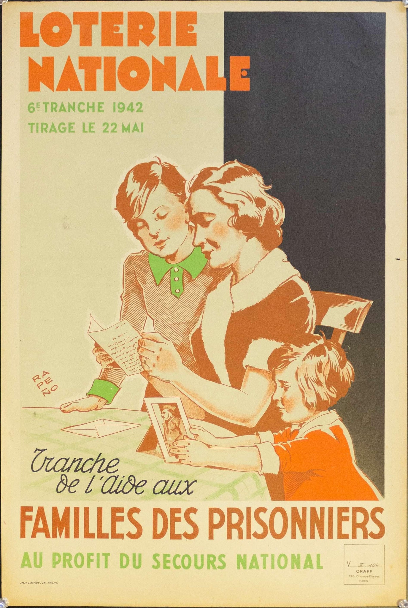 1942 Tranche de l'aide aux Families Des Prisonniers Au Profit Secours National | Loterie Nationale - Golden Age Posters