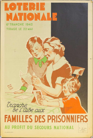 1942 Tranche de l'aide aux Families Des Prisonniers Au Profit Secours National | Loterie Nationale - Golden Age Posters