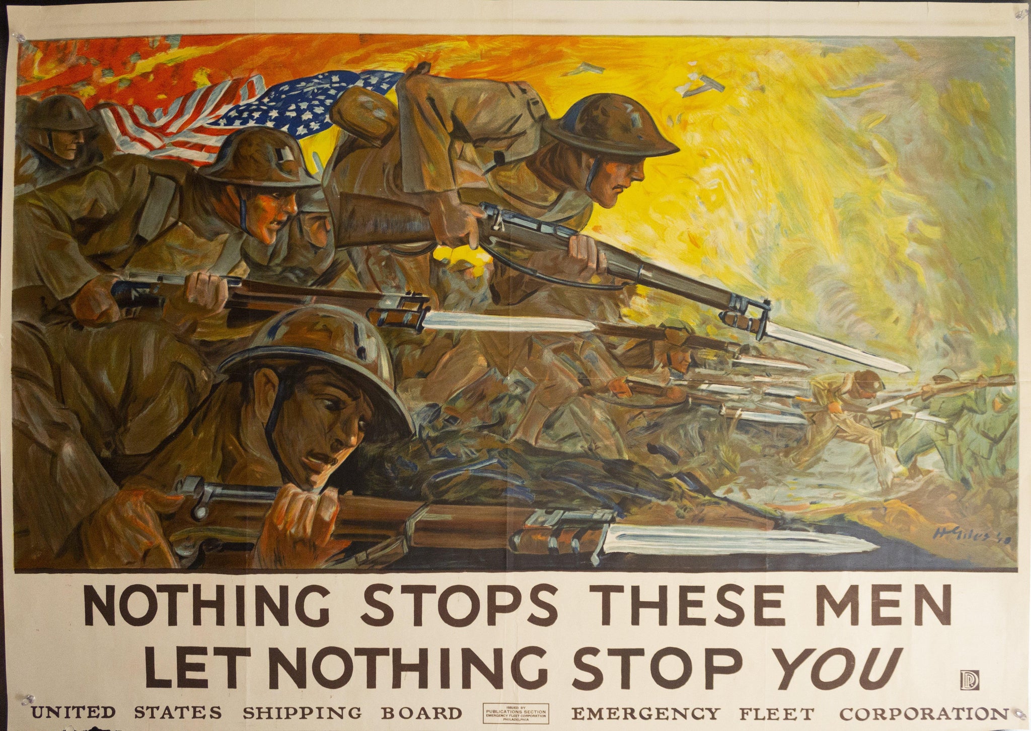 1918 Nothing Stops These Men, Let Nothing Stop You by Howard Giles WWI - Golden Age Posters