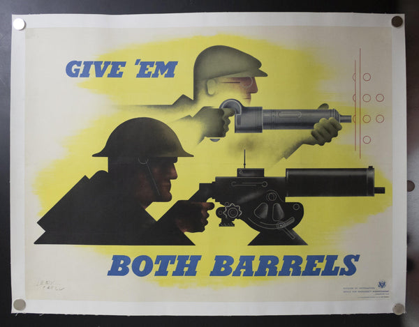 1941 Give Em Both Barrels by Jean Carlu 40” x 30” WWII Modernist - Golden Age Posters