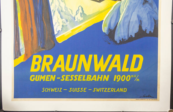 c.1945 Braunwald Gumen Sesselbahn Ski Poster Switzerland Eric de Coulon