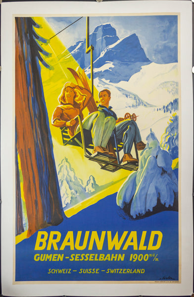 c.1945 Braunwald Gumen Sesselbahn Ski Poster Switzerland Eric de Coulon