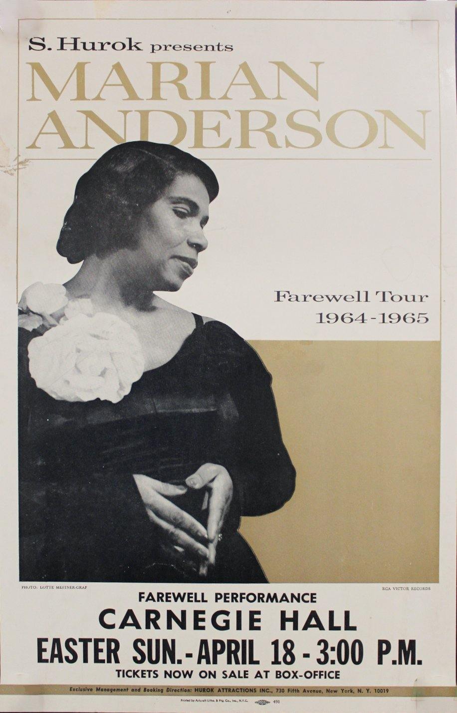 1965 Marian Anderson Farewell Tour Carnegie Hall Window Card Poster FINAL PERFORMANCE - Golden Age Posters