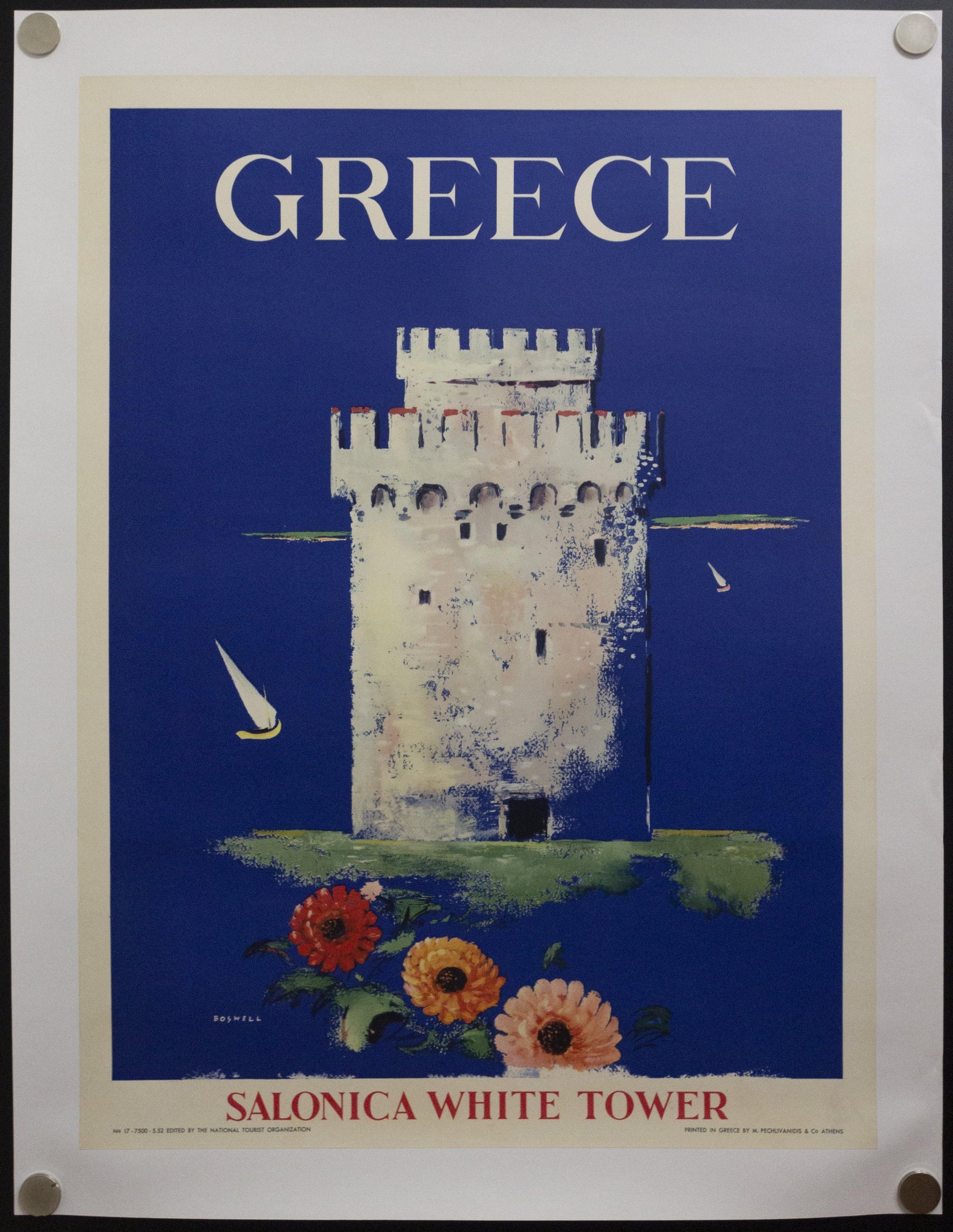 1952 Greece Salonica White Tower by Boswell Thessaloniki Greek Travel - Golden Age Posters