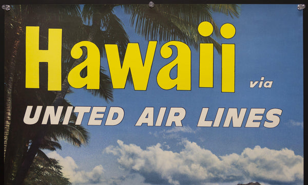 c.1950s Hawaii via United Air Lines Diamond Head Oahu Beach - Golden Age Posters