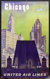 c.1950 United Air Lines Chicago Magnificent Mile Wrigley Building - Golden Age Posters