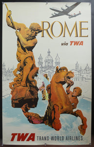 c.1955 TWA Rome Neptune Fountain David Klein Lockheed Constellation Airline - Golden Age Posters