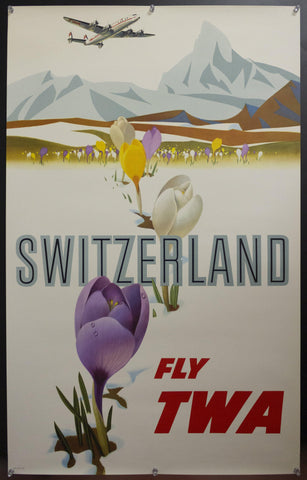 c.1955 Fly TWA Switzerland by David Klein Alps Tulips Airline Travel - Golden Age Posters