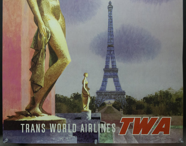c.1955 Fly TWA To Paris by David Klein Eiffel Tower Trocadero Constellation - Golden Age Posters