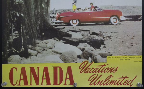 c.1950s Canada Vacations Unlimited Canadian Travel Bureau Red Convertible Beach - Golden Age Posters