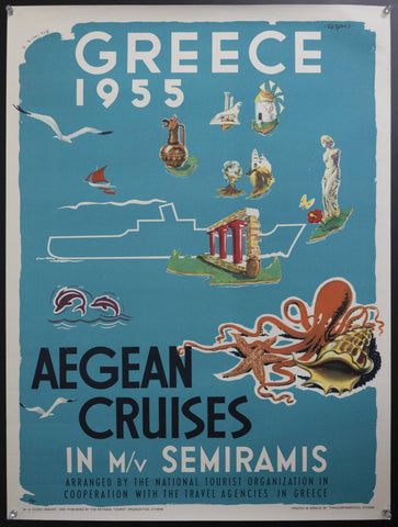 1955 Greece Aegean Cruises in M/v Semiramis by S. Simitis Greek Travel - Golden Age Posters