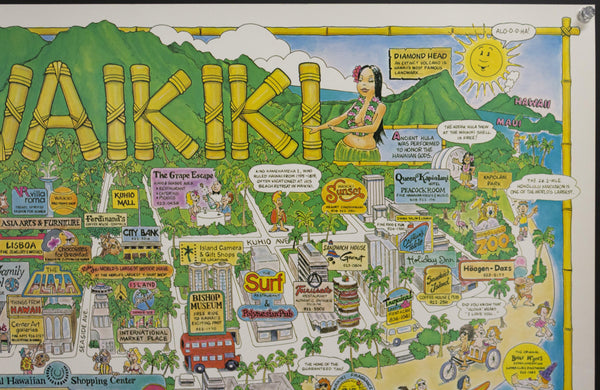 1983 Waikiki Honolulu Hawaii Pictorial Cartoon Map by Chuck Davis - Golden Age Posters