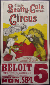 c.1950s Clyde Beatty Cole Bros. Combined Circus World’s Largest Circus Roland Butler - Golden Age Posters
