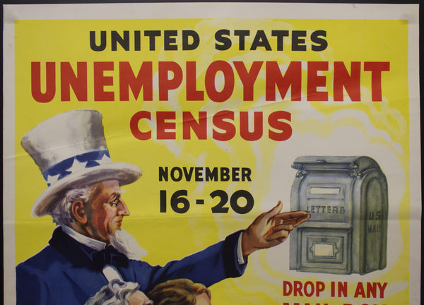 1937 United States Unemployment Census Uncle Sam New Deal Depression Era - Golden Age Posters
