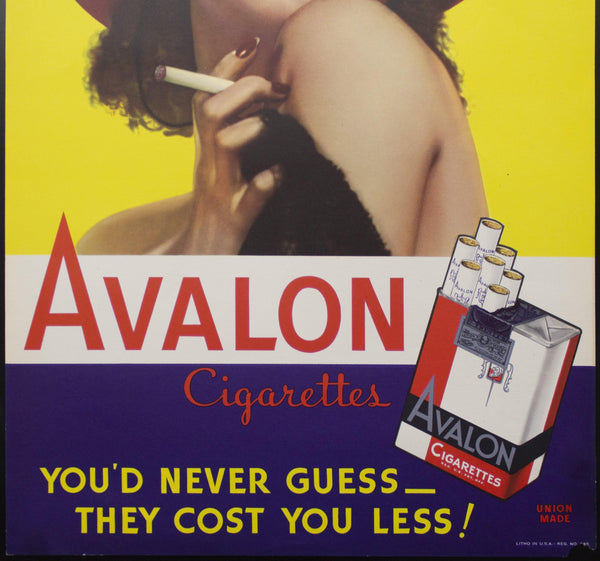 c.1940 Avalon Cigarettes Tobacco Advertising Paper Sign Poster Lady in Purple Fedora - Golden Age Posters